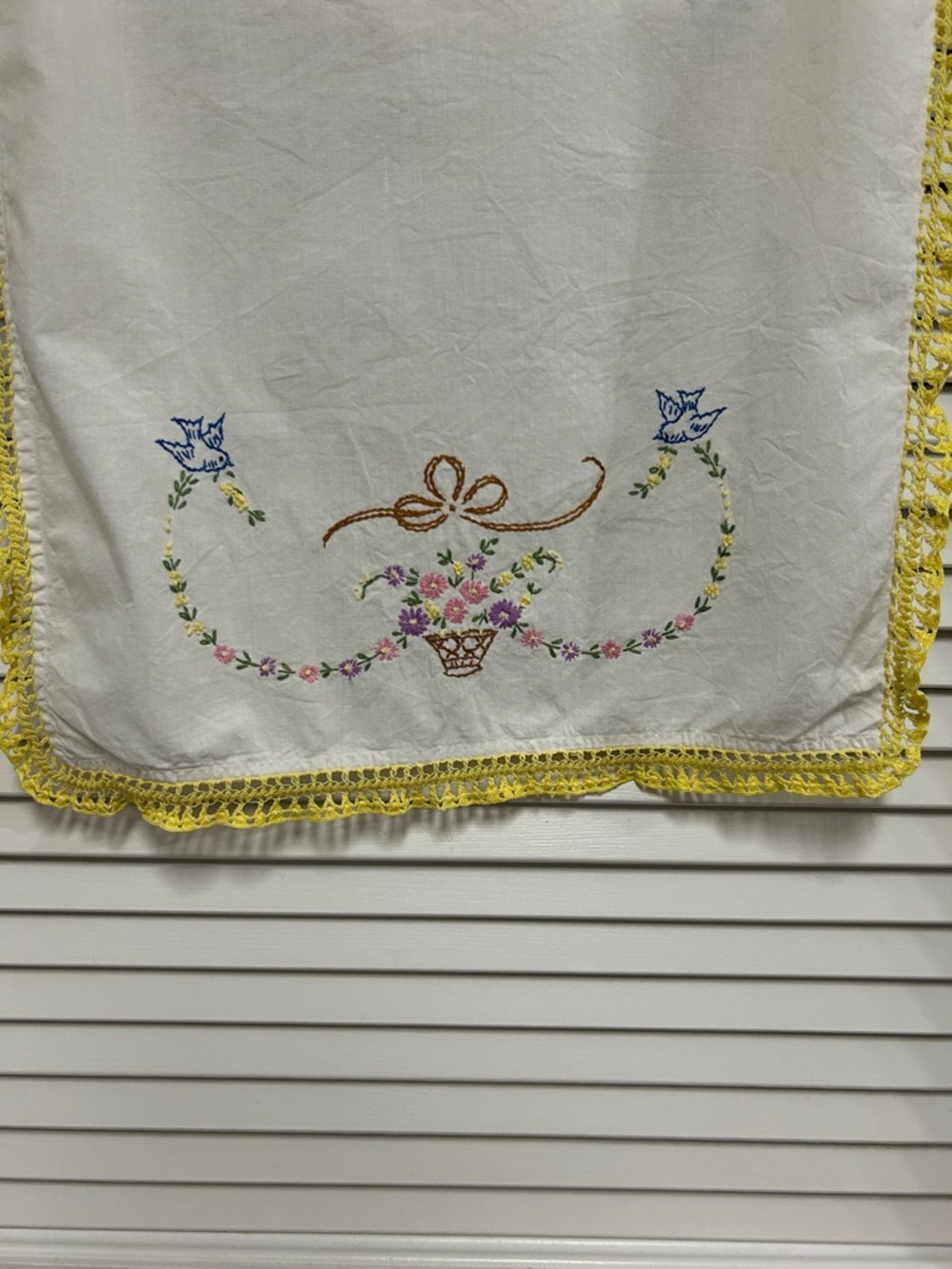 Handmade Embroidered Floral Table Runner with Yellow Crochet Edge - Picture 2 of 3